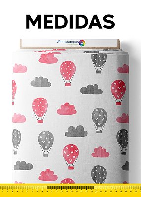 Tecido Cotton Estampa Digital Balões Vermelho e Cinza 1,60m de Largura