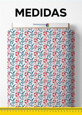 Tecido Cotton Estampa Digital Boias e Ancoras Azul e Vermelho 1,60m de Largura