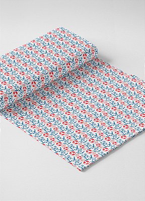 Tecido Cotton Estampa Digital Boias e Ancoras Vermelho e Azul 1,60m de Largura