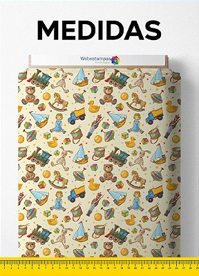 Tecido Cotton Estampa Digital Brinquedos Fundo Amarelo 1,60m de Largura
