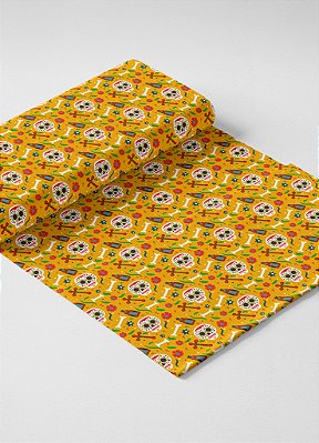 Tecido Cotton Estampa Digital Caveira Mexicana Fundo Amarelo 1,60m de Largura