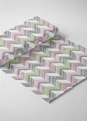 Tecido Cotton Estampa Digital Chevron Cinza, Rosa e Verde 1,60 de Largura