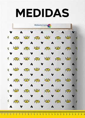 Tecido Cotton Estampa Digital Coroa Amarelo Coração Preto 1,60m de Largura