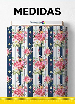 Tecido Cotton Estampa Digital Floral Listrado Marinho 1,60 de Largura