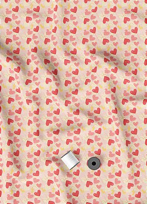 Tecido Cotton Estampa Digital Mini Corações Vermelho e Amarelo 1,60m de Largura