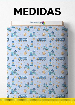 Tecido Cotton Estampa Digital Trenzinho Azul e Amarelo 1,60m de Largura