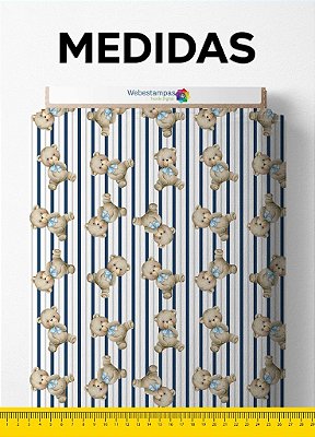 Tecido Cotton Estampa Digital Ursinho com Listras Azul Marinho 1,60 de Largura