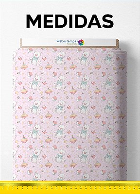 Tecido Cotton Estampa Digital Ursinho e Pião Rosa 1,60m de Largura
