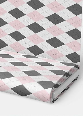 Tecido Cotton Estampa Digital Xadrez e Losango Rosa e Cinza 1,60m de Largura