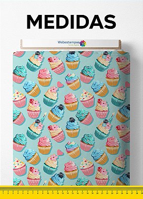 Tecido Microfibra Estampa Digital Cupcakes Fundo Azzul 1,55m de Largura