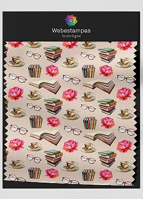 Tecido Micropercal Estampa Digital Livros e Flores 1,55m de Largura