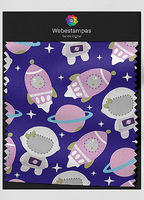 Tecido Micropercal Estampa Digital Astronauta e Foguete 1,55m de Largura