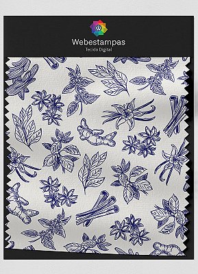 Tecido Oxford Estampa Digital Plantas Azuis Fundo Branco 1,55m de Largura