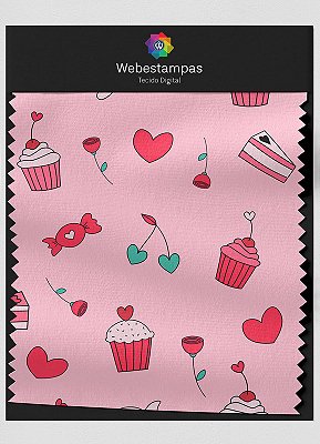 Tecido Veludo Estampa Digital Cupcake Coração 1,55m de Largura