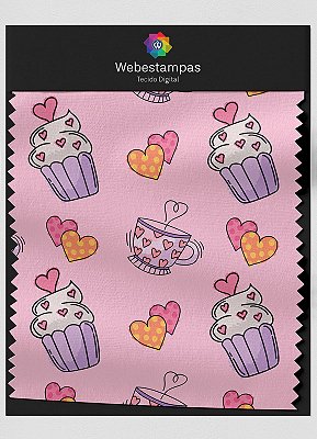 Tecido Veludo Estampa Digital Cupcake Fundo Rosa 1,55m de Largura