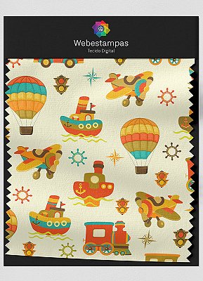 Tecido Veludo Estampa Digital Transportes Coloridos 1,55m de Largura