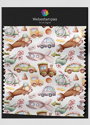 Tecido Veludo Estampa Digital Carrinhos de Doces 1,55m de Largura