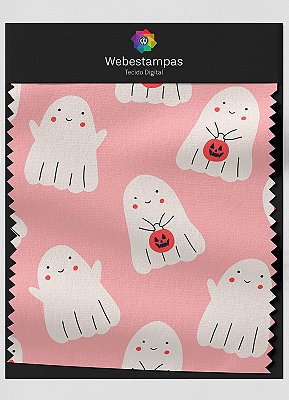 Tecido Veludo Estampa Digital Fantasminhas Fundo Rosa 1,55m de Largura