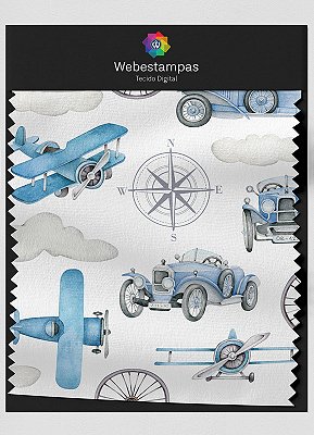 Tecido Veludo Estampa Digital Transportes Azul Aquarela 1,55m de Largura