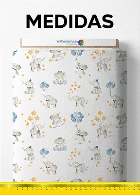 Tecido Cotton Estampa Digital Elefantinhos e Balões 1,60m de Largura