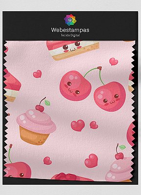 Tecido Percal 200 Fios Estampa Digital Cupcake Cereja 1,50m de Largura