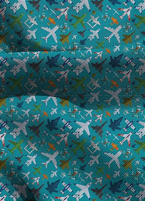 Tecido Blackout Estampa Digital Aviões Fundo Azul 1,35m de Largura