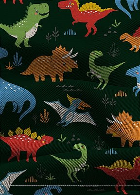 Tecido Blackout Estampa Digital Dinossauros Coloridos Fundo Verde 1,35m de Largura
