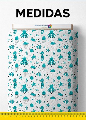 Tecido Blackout Estampa Digital  Fundo Do Mar Azul e Branco 1,35m de Largura