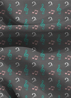 Tecido Blackout Estampa Digital Nota Musical Azul e Rosa Fundo Preto 1,35m de Largura