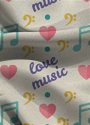 Tecido Blackout Estampa Digital Notas Musicais e Coração 1,35m de Largura