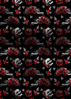 Tecido Blackout Estampa Digital Caveiras e Rosas Fundo Preto 1,35m de Largura