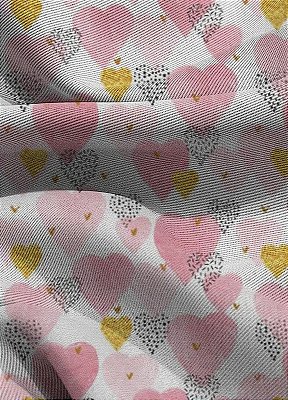 Tecido Blackout Estampa Digital Coração Dourado e Rosa 1,35m de Largura