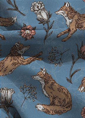 Tecido Blackout Estampa Digital Raposa Fundo Azul 1,35m de Largura