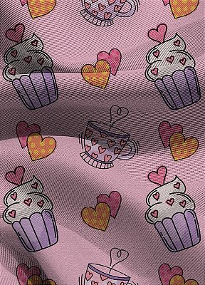 Tecido Blackout Estampa Digital Cupcake Fundo Rosa 1,35m de Largura