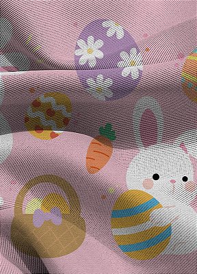 Tecido Blackout Estampa Digital Happy Easter Fundo Rosa 1,35m de Largura