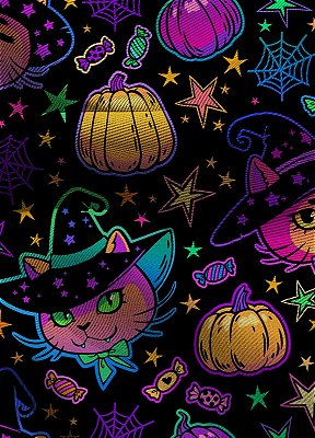 Tecido Blackout Estampa Digital Gatinho Halloween com 1,35m de Largura