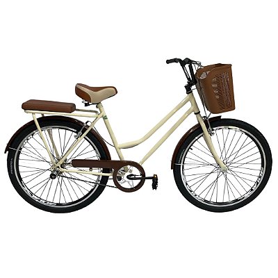 Bicicleta Verona Retrô Bege / Marrom aro 26 Com Cesta, Freios Alumínio E Componentes Reforçados Passeio