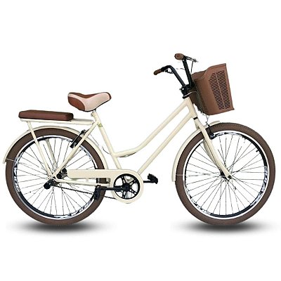Bicicleta Verona Retrô Bege / Marrom aro 26 Com Cesta Freios Alumínio