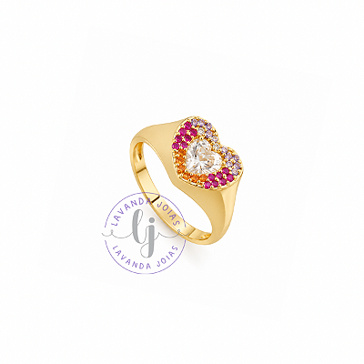 Anel Coração Cravejado Rainbow banho Ouro 18k