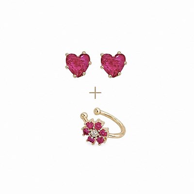 Brinco Coração e Piercing FakeFlor Rubi banho ouro 18k