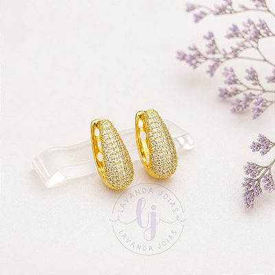 Brinco Argola Gota Cravejada Luxo banho Ouro 18k