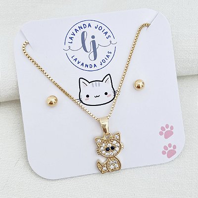 Conjunto Brinco e Colar Gatinho em banho Ouro 18k