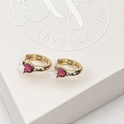 Brinco Argola Coração Rosa em banho ouro 18k
