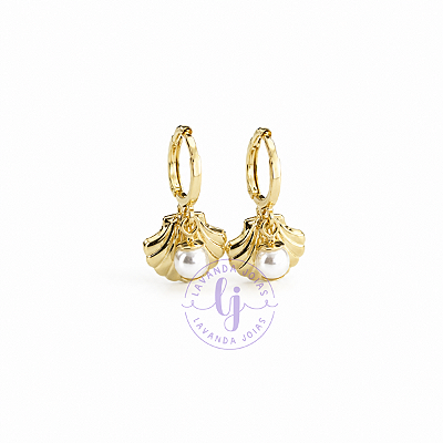 Brinco Argola Concha e Pérola banho Ouro 18k