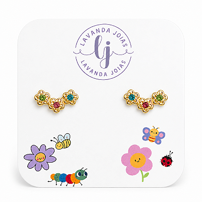 Brinco Flores Coloridas banho Ouro 18k
