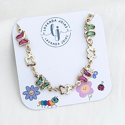 Pulseira Borboletas Coloridas banho Ouro 18k