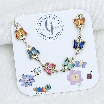 Pulseira Borboletas Coloridas banho Ouro 18k