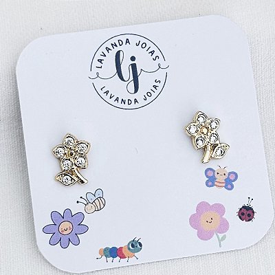 Brinco Flor Cristal  banho Ouro 18k