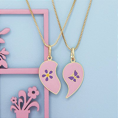 Kit Colar Coração Amor Perfeito em banho ouro 18k