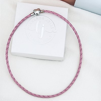 Colar Couro Rosa Coração para Berloques